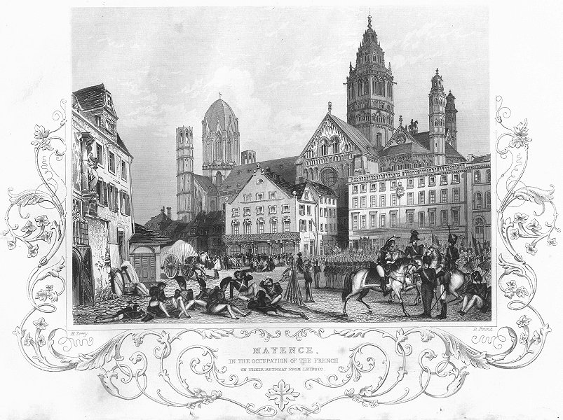 MAINZ. occupied, French, retreat from Leipzig 1850 old antique print picture