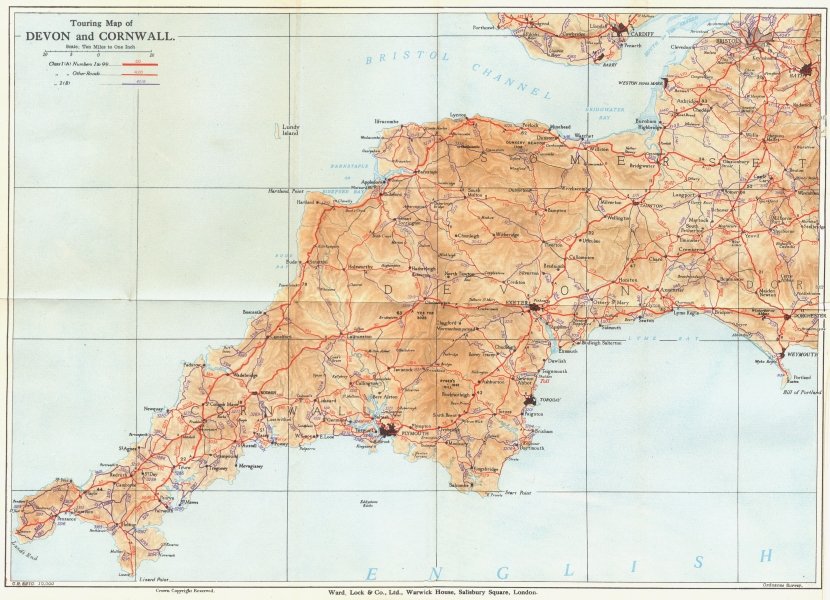 Associate Product TOURING MAP OF DEVON AND CORNWALL. South West England. WARD LOCK 1934 old