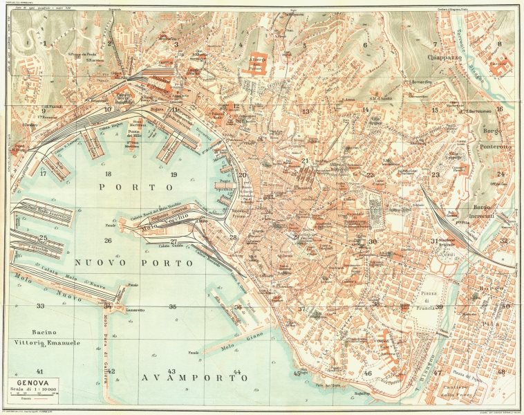 GENOA GENOVA. Vintage town city map plan. Italy 1927 old vintage chart