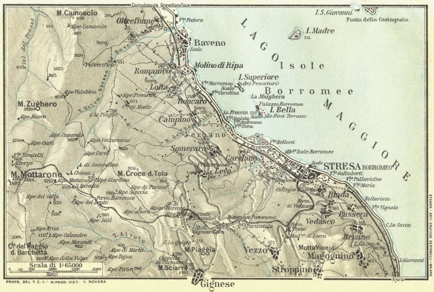 LAKE LAGO MAGGIORE. Stresa Baveno Gignese. Vintage map plan. Italy 1927