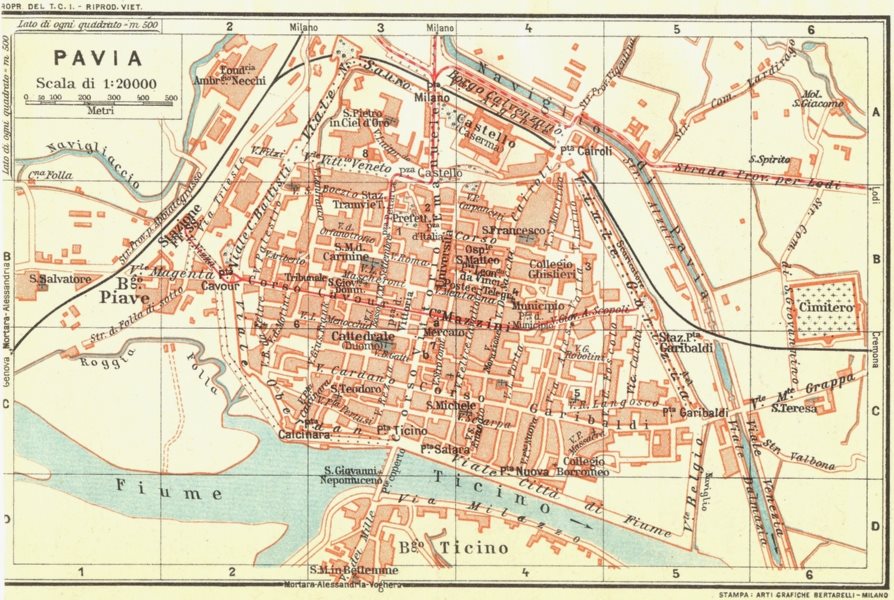 PAVIA. Vintage town city map plan. Italy 1927 old vintage chart