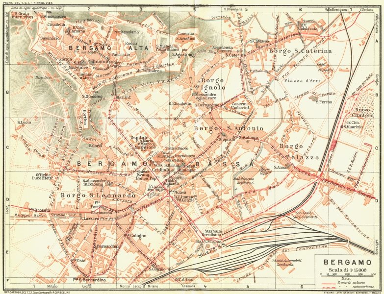 BERGAMO. Vintage town city map plan. Italy 1927 old vintage chart