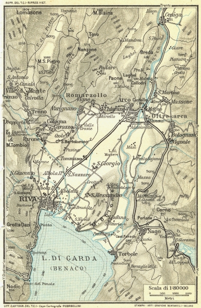 LAKE LAGO DI GARDA (BENACO) . Riva Arco &c. Vintage map plan. Italy 1927