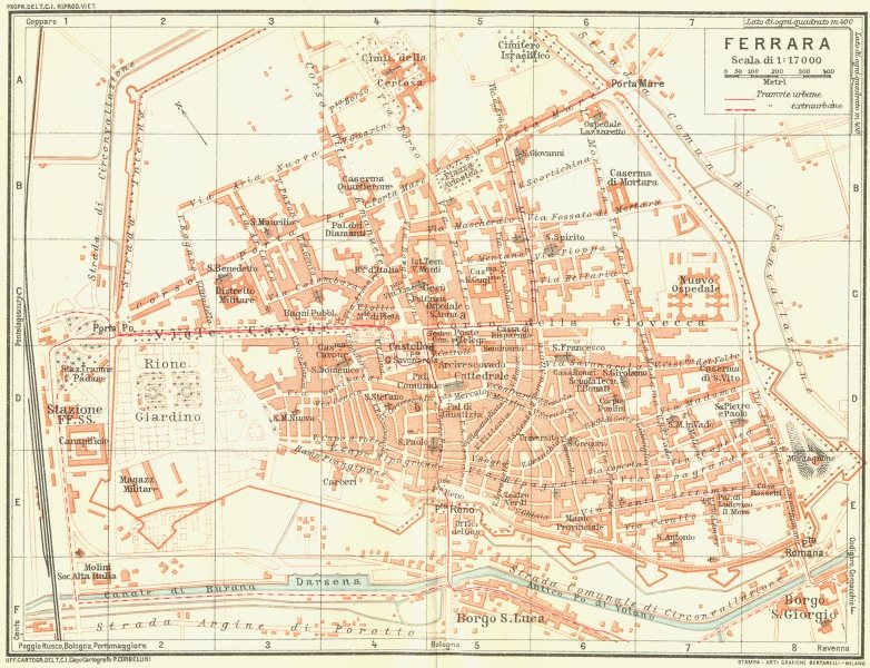 FERRARA. Vintage town city map plan. Italy 1927 old vintage chart