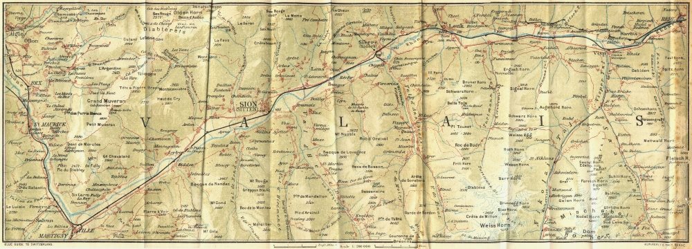 SWITZERLAND. Rhone Valley Valais Sion 1923 old vintage map plan chart