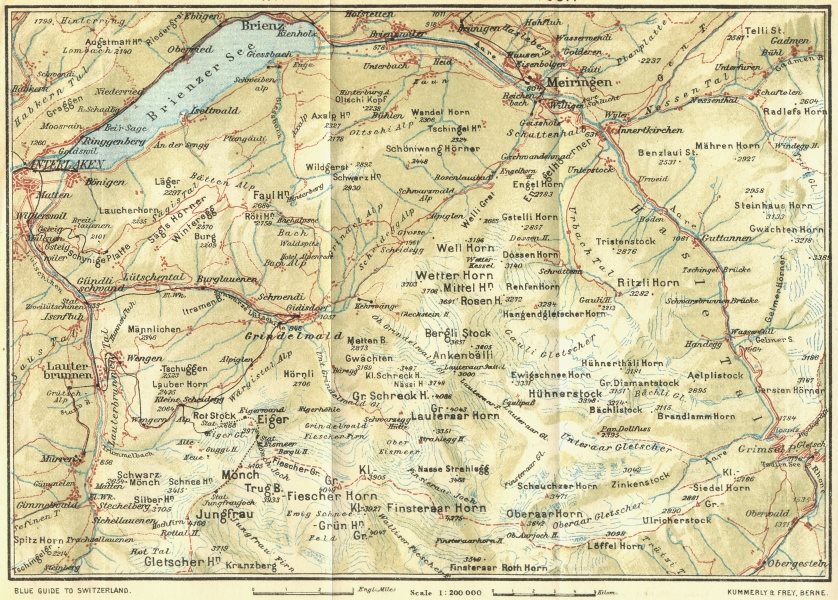 SWITZERLAND. Interlaken-Grindelwald-Gletsch 1923 old vintage map plan chart