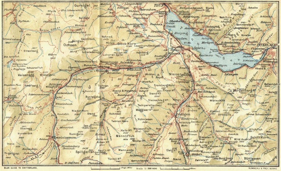 Associate Product SWITZERLAND. Zweisimmen-Frutigen-lake Thun 1923 old vintage map plan chart