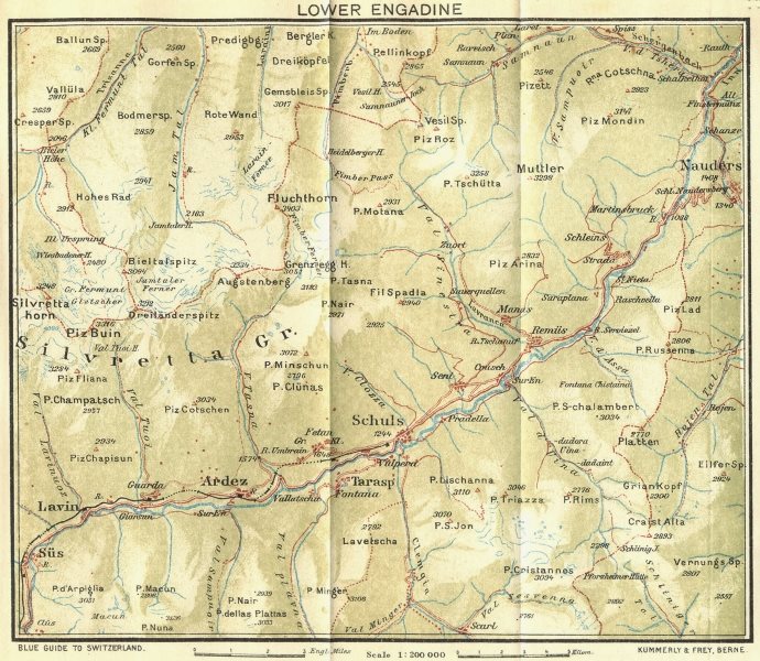SWITZERLAND. Lower Engadin 1923 old vintage map plan chart