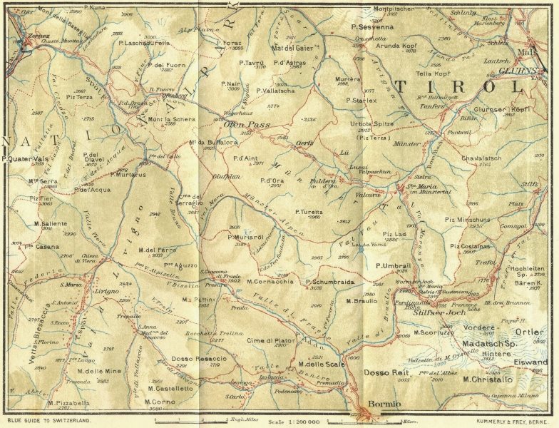 Associate Product TIROL. Zernetz-Munster-Stelvio Pass Bormio 1923 old vintage map plan chart