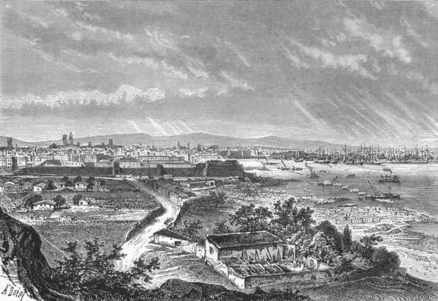 Associate Product SPAIN. Barcelona, from Castle of Monjui c1885 old antique print picture