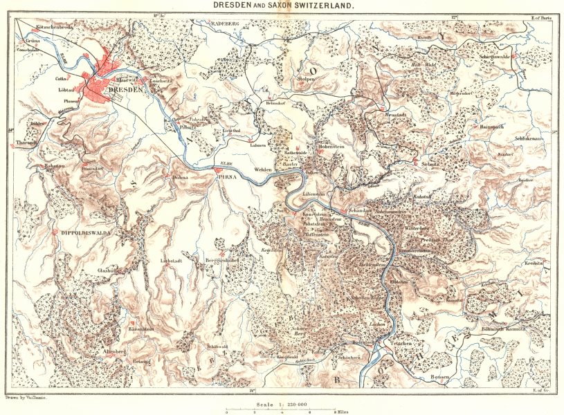 GERMANY. Dresden & Saxon Switzerland c1885 old antique vintage map plan chart