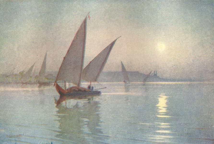 Associate Product EGYPT. Moonlight on the Nile, near Cairo 1912 old antique print picture