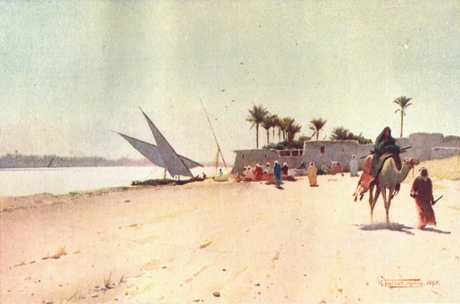 Associate Product EGYPT. A Nile village; camel boats 1912 old antique vintage print picture