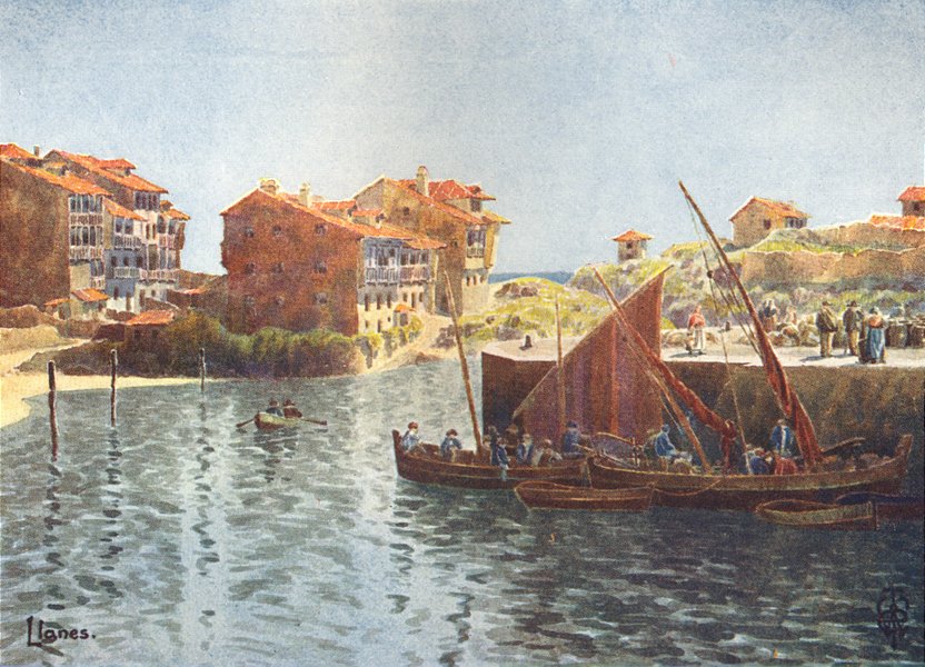 SPAIN. Llanes. Harbour 1906 old antique vintage print picture