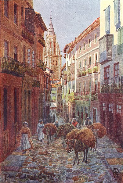 TOLEDO. Calle del Comercio, cathedral tower 1906 old antique print picture