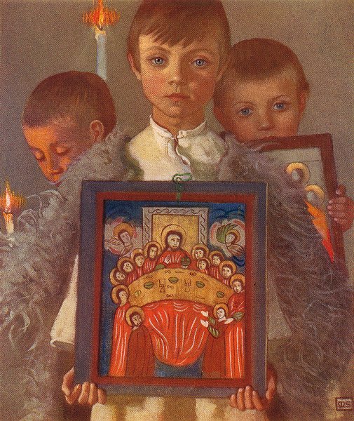 DESZE. Boys in Romanian Religious parade 1909 old antique print picture