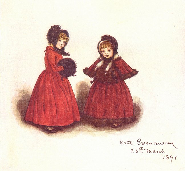 Associate Product KATE GREENAWAY. Out for a walk; 2 girls red dresses 1905 old antique print