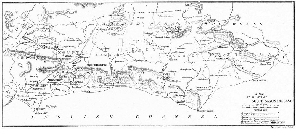 SOUTH SAXON DIOCESE.Episcopal Sees Abbeys Churches Priories. SUSSEX 1897 map