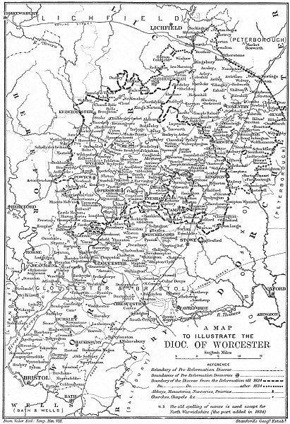 DIOCESE OF WORCESTER.Pre/post reformation & 1834. WORCESTERSHIRE 1897 old map