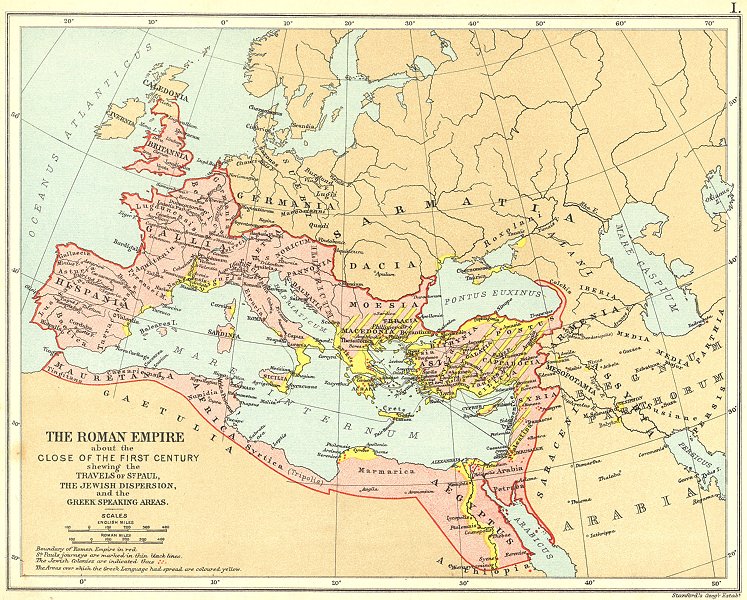 1ST CENTURY ROMAN EMPIRE. Shows St Paul's Travels & Jewish Dispersion 1897 map