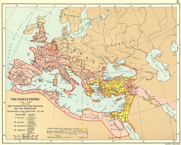 ROMAN EMPIRE 300AD. Prefectures Dioceses Provinces under Diocletian 1897 map