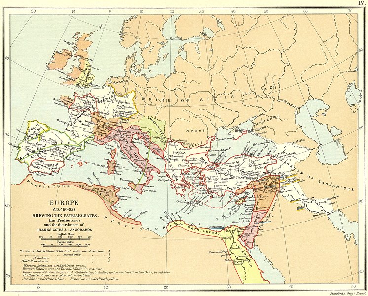 Associate Product RELIGIOUS EUROPE 450-622AD.Patriarchates Sees.Franks Goths Langobards 1897 map