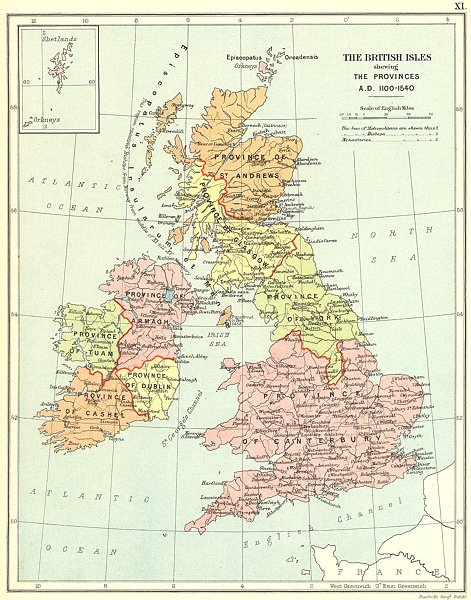 BRITISH ISLES ECCLESIASTICAL 1100-1540AD. Showing provinces. Church 1897 map