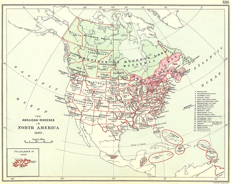 ANGLICAN DIOCESES IN NORTH AMERICA. Canada United States West Indies 1897 map