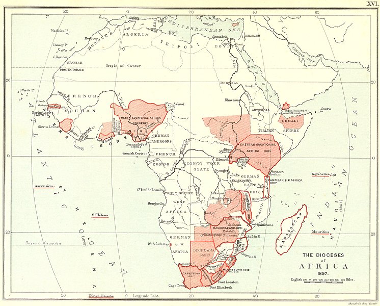 Associate Product AFRICAN ANGLICAN CHURCH DIOCESES. South Africa Nigeria Kenya Zimbabwe 1897 map