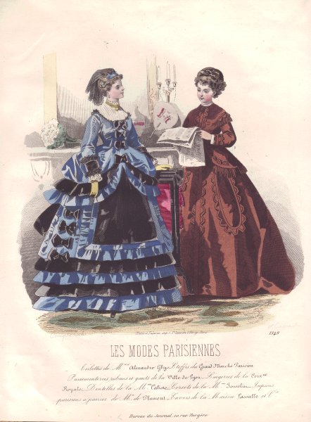 Associate Product FASHION. Elegant Parisian ladies. blue. brown 1869 old antique print picture