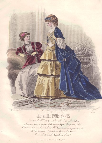 Associate Product FASHION. Elegant Parisian ladies. blue. yellow 1869 old antique print picture