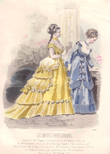Associate Product FASHION. Elegant Parisian ladies. yellow. blue 1869 old antique print picture