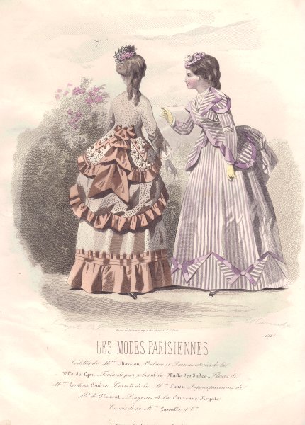 FASHION. Elegant Parisian ladies. brown. mauve 1869 old antique print picture