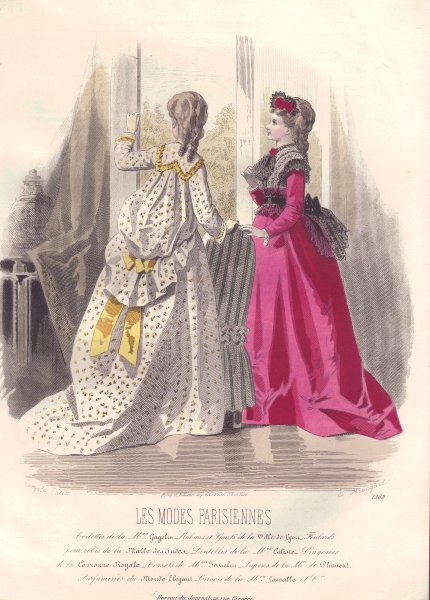 FASHION. Elegant Parisian ladies. scarlet. yellow 1869 old antique print