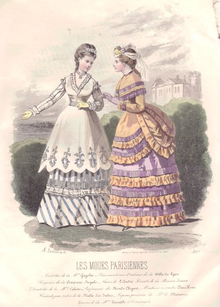 FASHION. Elegant Parisian ladies. peach. mauve 1869 old antique print picture