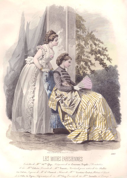 Associate Product FASHION. Elegant Parisian ladies. Parasol. yellow 1869 old antique print