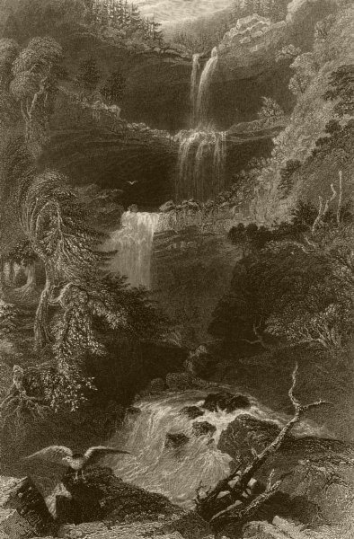 The Catterskill Falls (from below), New York. WH BARTLETT 1840 old print