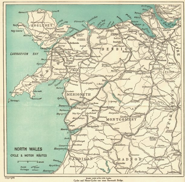 NORTH WALES Cycle & motor routes Snowdonia Montgomery Denbigh c1928 old map