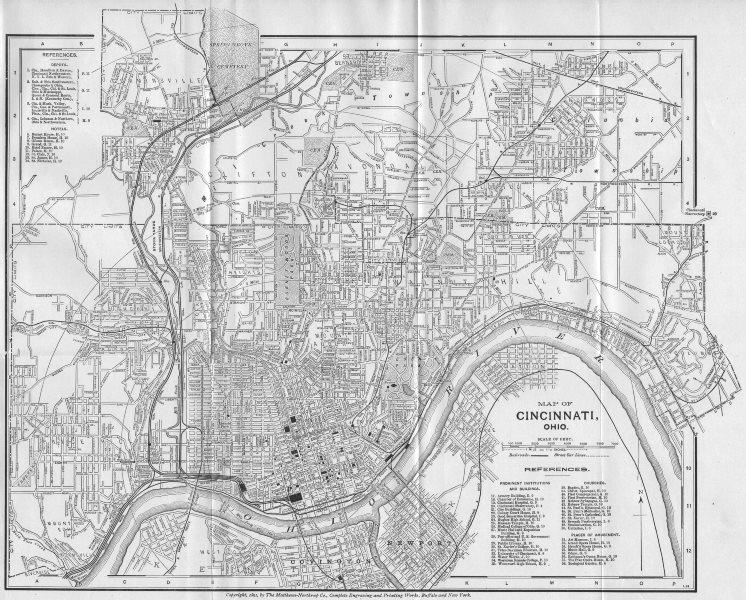CINCINNATI, OHIO. Antique City Town map plan 1893 old chart