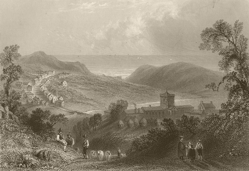 St. Bees' College, with the village. Cumbria. BARTLETT 1842 old antique print
