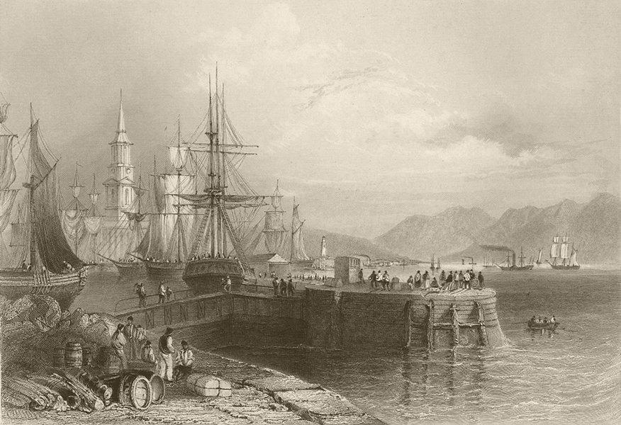 Port Glasgow, with the pier and docks. Scotland. BARTLETT 1842 old print