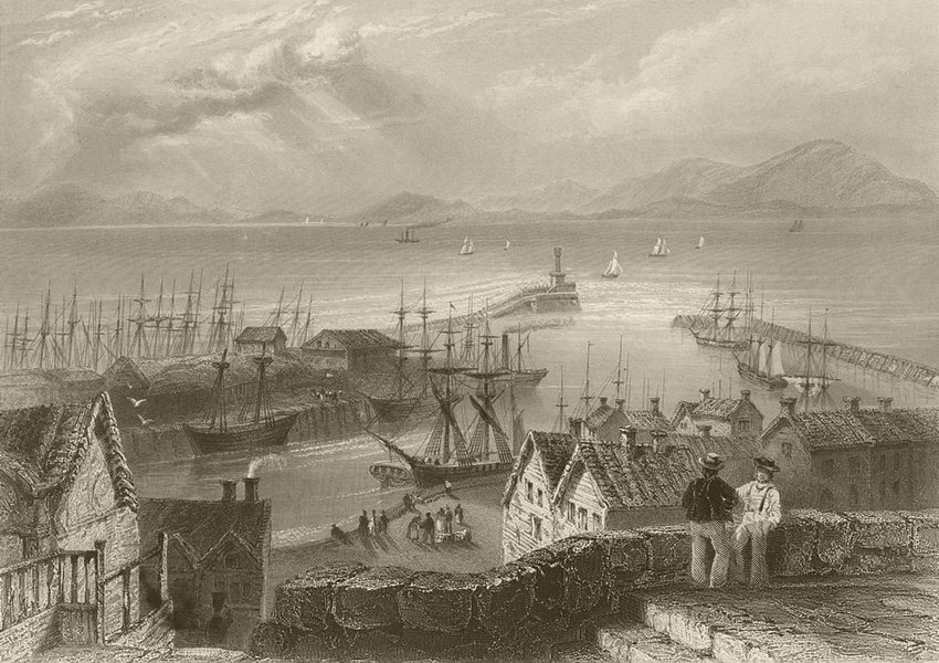 Associate Product Maryport, town and harbour, English coast. Cumbria. BARTLETT 1842 old print