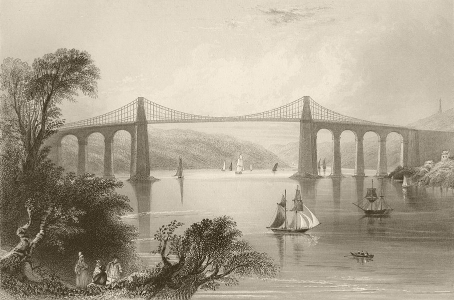 Associate Product The Menai Bridge, Bangor, North Wales. BARTLETT 1842 old antique print picture