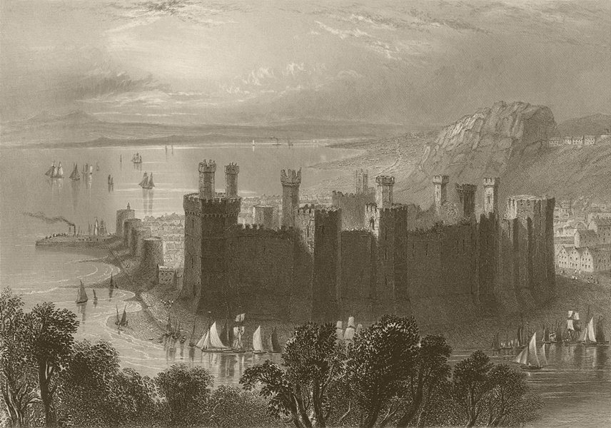 Associate Product Caernarfon/Carnarvon castle & town. Wales. BARTLETT 1842 old antique print