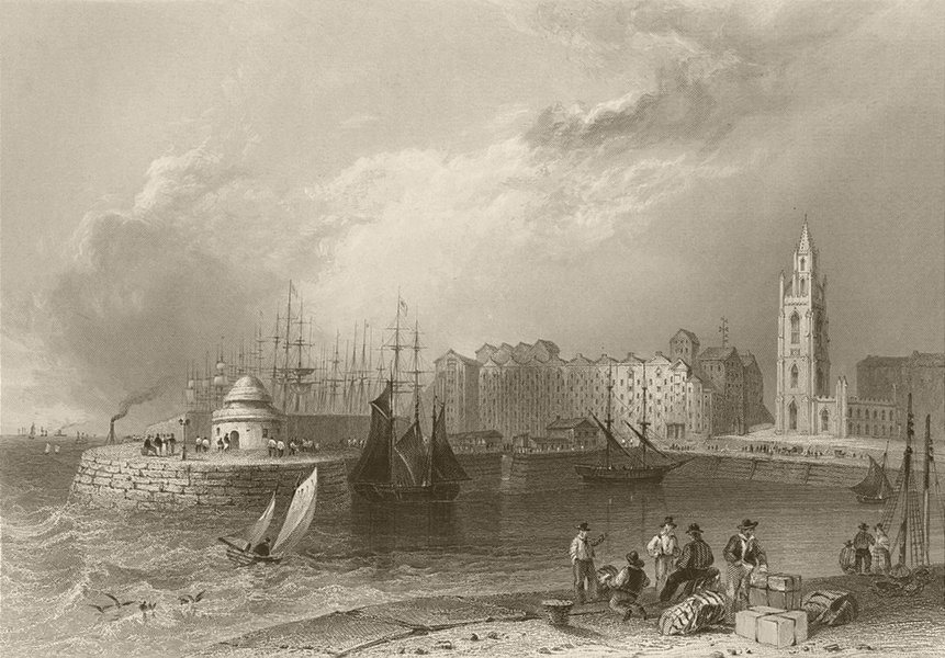 Associate Product St. Nicholas' Church & ships, Liverpool, from St.George's Basin. BARTLETT 1842