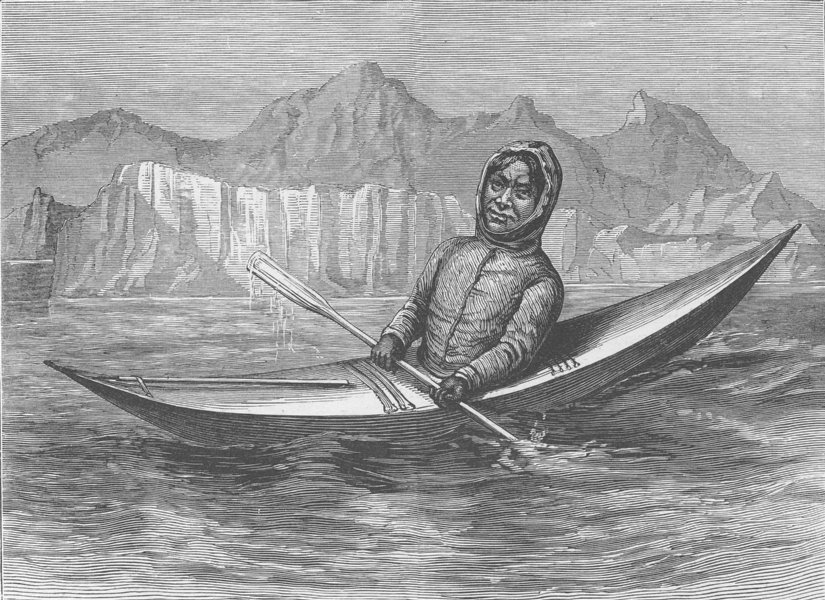 GREENLAND. Greenland Eskimo in his Kayak 1890 old antique print picture