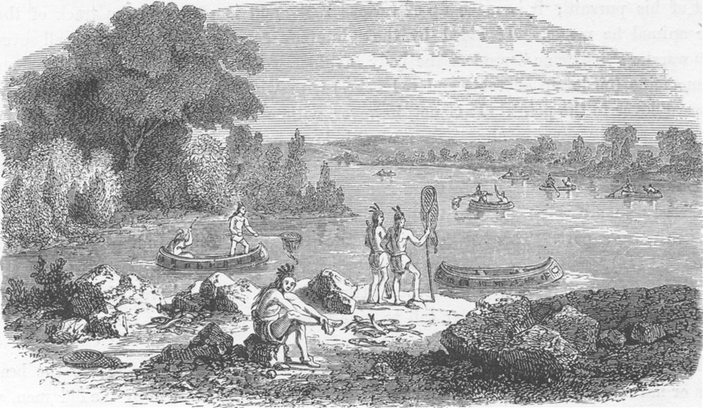 Associate Product LAKE SUPERIOR. Chippewa Indians fishing. Birch-bark Canoes, Sault St. Mary 1890