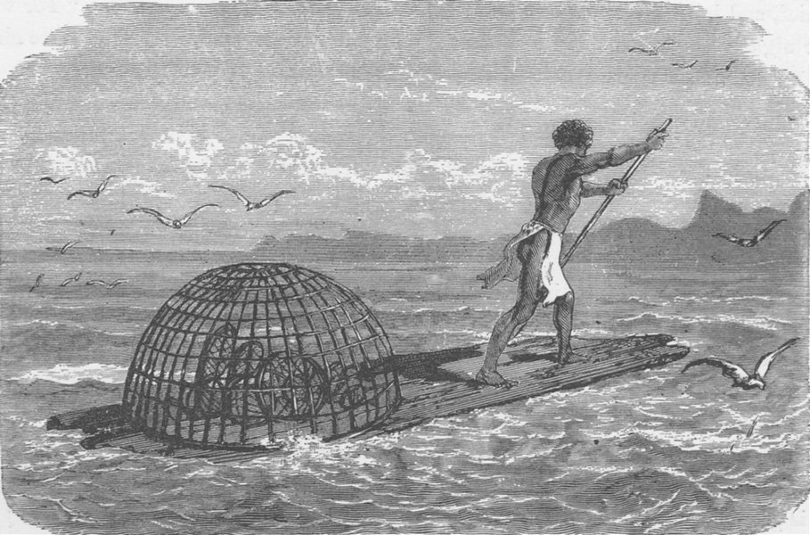 PACIFIC ISLANDS. Kanak (New Caledonian) fishing from a raft 1890 old print