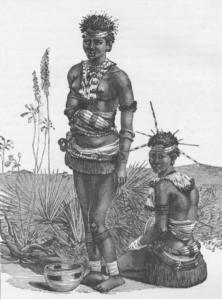SOUTH AFRICA. Zulu girls in dancing dress 1890 old antique print picture