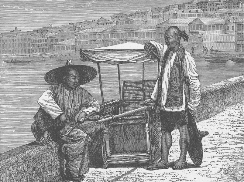 HONG KONG. Chinese porters, Hong Kong 1892 old antique vintage print picture